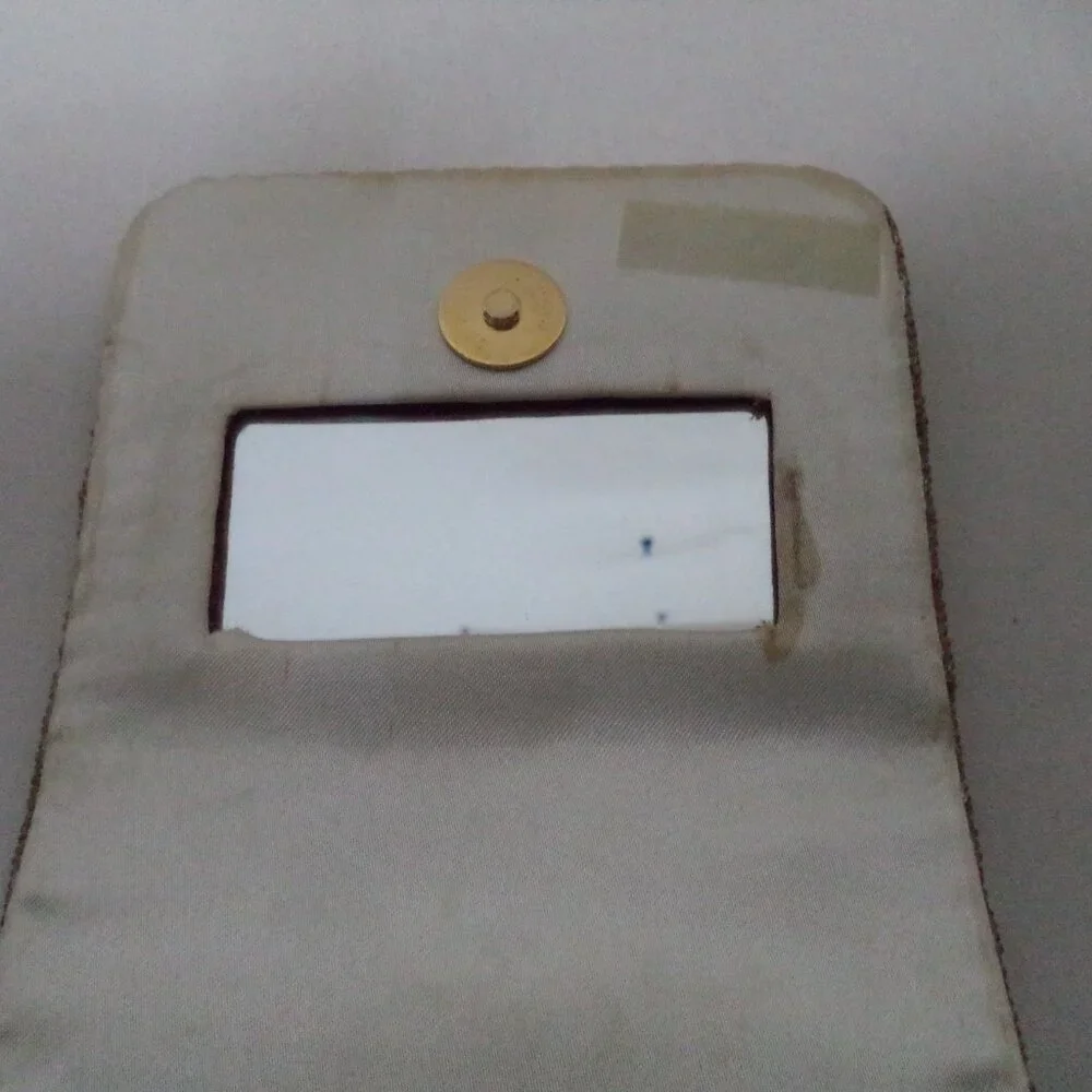 Vintage gold Beaded Box handbag purse small Beaded strap w/ Mirror Occasion